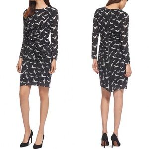 Whistles Black Silk Crane Bird Print Dress Mesh Long Sleeve Ruched Formal Size 4